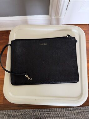 Calvin Klein Black Leather Wristlet Pouch with Gold Hardware